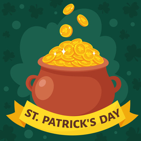 St. Patrick's Day greeting card. Pot with gold coins. Vector illustration.のイラスト素材
