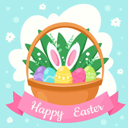 Happy Easter greeting card. Basket with Easter eggs, flowers. Vector illustrationのイラスト素材
