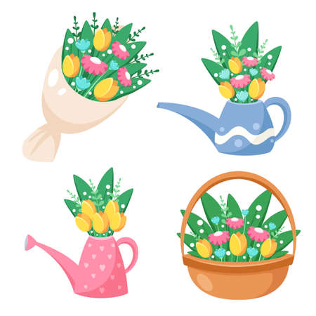 Bouquet of flowers, watering can with flowers, basket with flowers. Spring time. Vector illustrationのイラスト素材