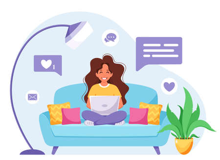Woman sitting on a sofa and working on laptop. Freelancer, home office  concept. Vector illustrationのイラスト素材