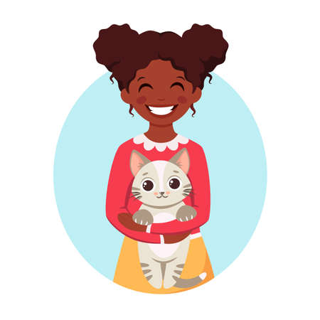 Cute african american girl holding a cat in her hands. Girl with pet. Vector illustrationのイラスト素材