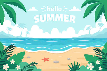 Sea sand beach. Hello summer. Seashore with sea star, palms, sea pebbles and tropical plants. Vector illustrationのイラスト素材