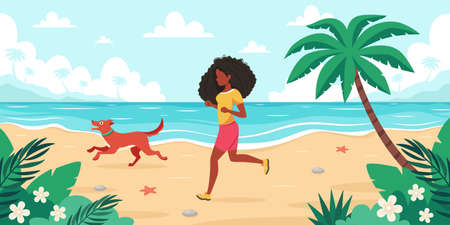 Leisure time on beach. Black woman jogging with dog. Summer time. Vector illustrationのイラスト素材