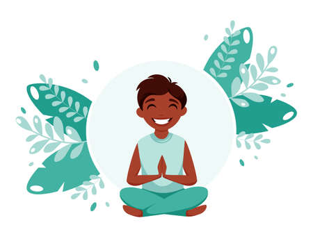 Black boy meditating in lotus pose. Healthy lifestyle, meditation for children. Vector illustrationのイラスト素材