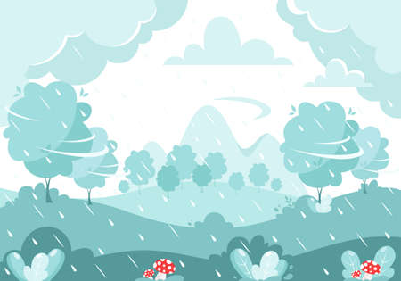 Autumn rain on nature background. Rainy and windy day. Autumn mushrooms. Vector illustrationのイラスト素材