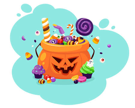 Happy Halloween. Pumpkin with creepy sweets and candies. Vector illustration in flat style.のイラスト素材
