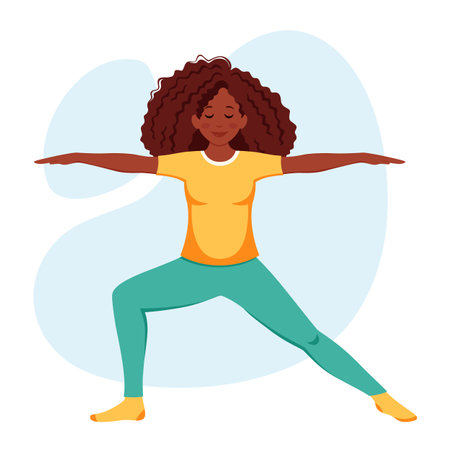 African american woman practicing yoga. Healthy lifestyle, relax, meditation. Vector illustrationのイラスト素材