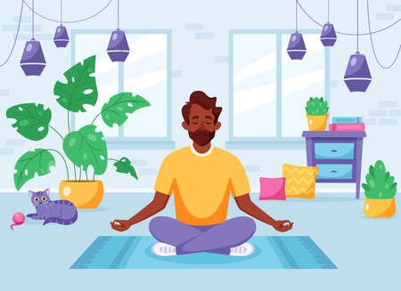 Black man meditating in lotus pose in cozy modern interior. Vector illustrationのイラスト素材