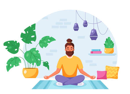 Man meditating in lotus pose in cozy modern interior. Healthy lifestyle, home activity. Vector illustrationのイラスト素材