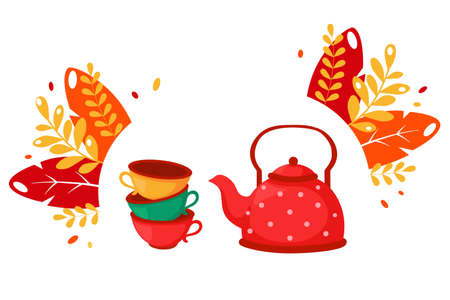 Colorful cups and kettle. Set of dishes. Coffee and tea time. Vector illustrationのイラスト素材