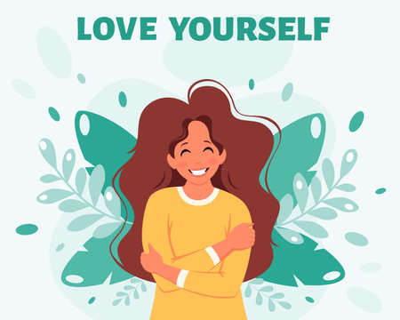 Love yourself concept. Woman hugging herself. Vector illustrationのイラスト素材