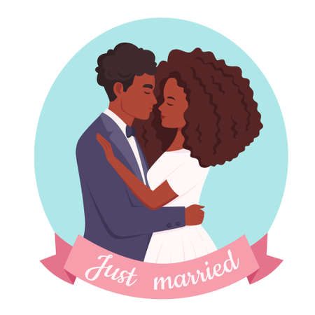 Wedding couple. African american married couple. Wedding portrait. Vector illustrationのイラスト素材