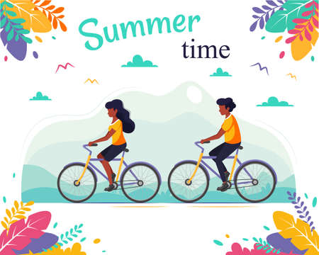 Black man and black woman riding bicycles in the park. Healthy lifestyle, sport, relax, summer time. Vector illustrationのイラスト素材