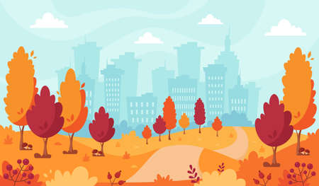Autumn park on city background. Autumn landscape. Vector illustrationのイラスト素材