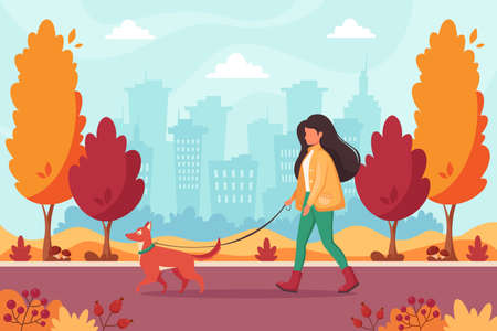 Woman walking with dog in autumn park. Outdoor activity concept. Vector illustration.のイラスト素材