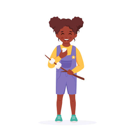 Black girl with marshmallow. Girl scout. Camping, summer kids camp concept. Vector illustrationのイラスト素材