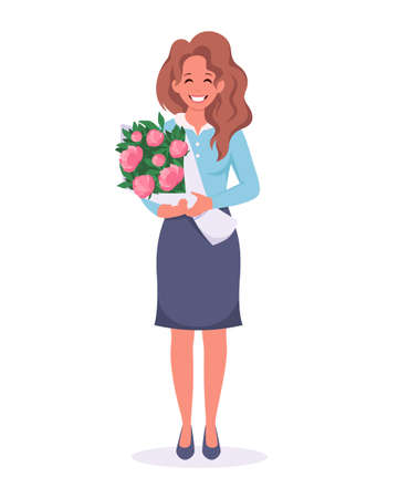 Woman with bouquet of flowers. Congratulations on the Women's Day, Mother's Day, Teacher's Day or birthday. Vector illustrationのイラスト素材