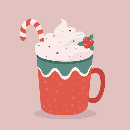 Christmas hot drink with candy cane. Merry Christmas. Hot chocolate, cup of coffee. Vector illustration.のイラスト素材