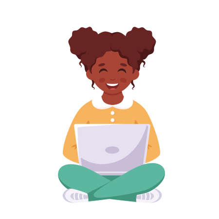 Black girl sitting with laptop. Online learning, back to school concept. Vector illustrationのイラスト素材