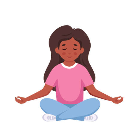 Girl meditating in lotus pose. Gymnastic, meditation for children. Vector illustrationのイラスト素材