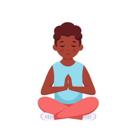 Black boy meditating in lotus pose. Gymnastic, yoga and meditation for children. Vector illustrationのイラスト素材