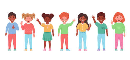 Children of different nationalities smiling and waving hands. Elementary school students. Vector illustrationのイラスト素材