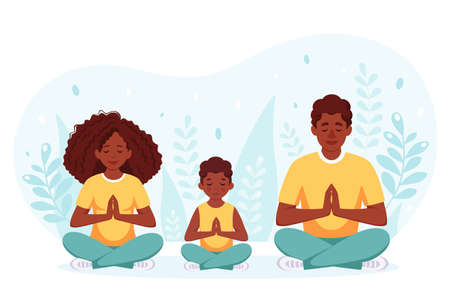 Black family doing yoga. Family spending time together. Vector illustrationのイラスト素材