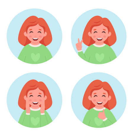 Girl with braces on teeth. Elementary school student. Little girl portrait in circular frame. Vector illustrationのイラスト素材
