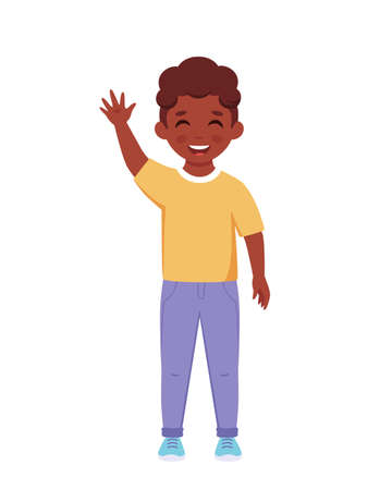 Black boy smiling and waving hand. Elementary school student. Vector illustrationのイラスト素材