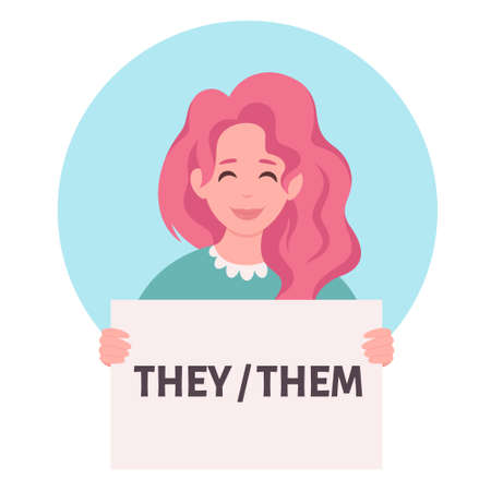 Woman holding sign with gender pronouns. She, he, they, non-binary. Gender-neutral movement. Vector illustrationのイラスト素材