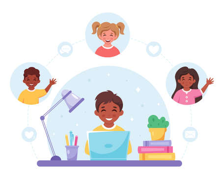 Children communicating online. Video call with friends, chatting online. Online studying, distance learning. Vector illustrationのイラスト素材