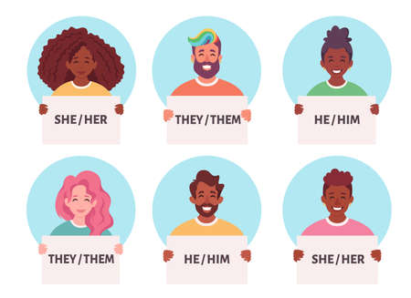 People holding sign with gender pronouns. She, he, they, non-binary. Gender-neutral movement. Vector illustrationのイラスト素材
