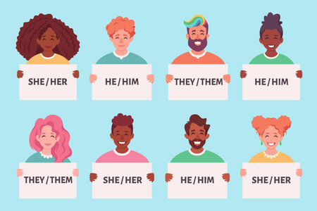 People holding sign with gender pronouns. She, he, they, non-binary. Gender-neutral movement. Vector illustrationのイラスト素材
