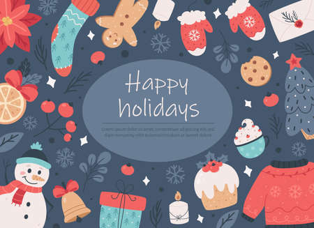 Happy holidays greeting card. Merry Christmas, Happy New Year. Vector illustrationのイラスト素材