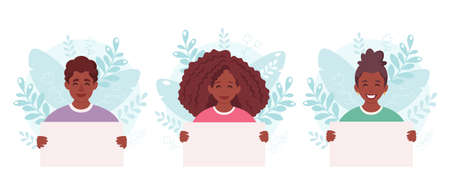 People holding empty banner. Smiling people with empty placard. Vector illustrationのイラスト素材