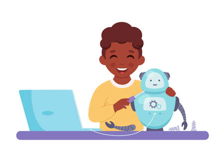 Little black boy creating a robot. Robotics, programming and engineering for kids. Vector illustrationのイラスト素材