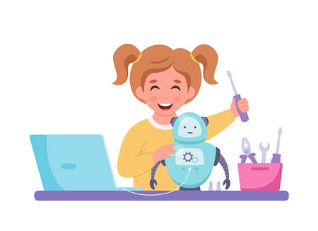 Little girl building a robot. Robotics, programming and engineering for kids. Vector illustrationのイラスト素材