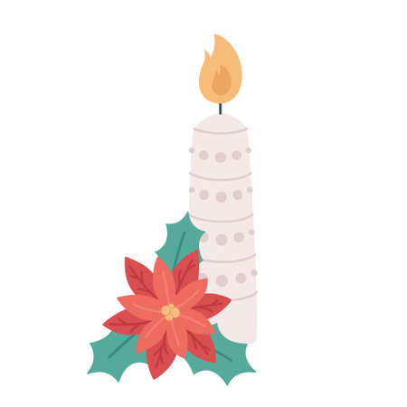 Christmas candle with poinsettia. Christmas and New Year element. Vector illustrationのイラスト素材
