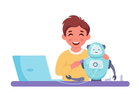Little boy creating a robot. Robotics, programming and engineering for kidsのイラスト素材