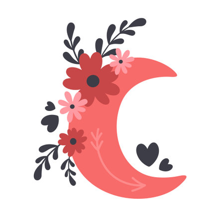Moon with flowers, hearts, branches, leaves in boho style. Valentines day, love, romantic concept. Vector illustrationのイラスト素材