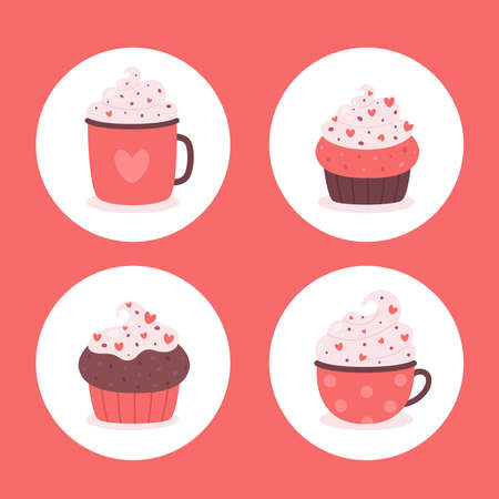 Valentines Day hot drinks with cupcakes. Vector illustration.のイラスト素材