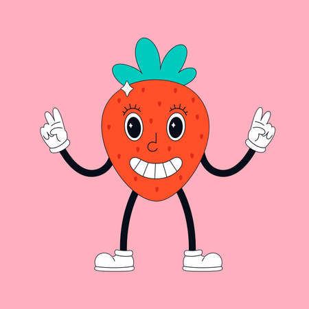 Cute cartoon strawberry character in retro style with eyes. Hippie, psychedelic droove, retro and vintage styleのイラスト素材