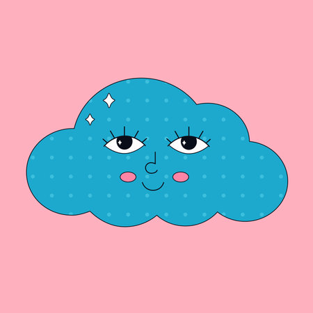 Cute cartoon cloud character in retro style with eyes. Hippie, psychedelic droove, retro and vintage styleのイラスト素材