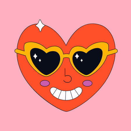 Cute cartoon heart character in retro style with eye glasses. Hippie, psychedelic droove, retro and vintage style. Vector illustrationのイラスト素材