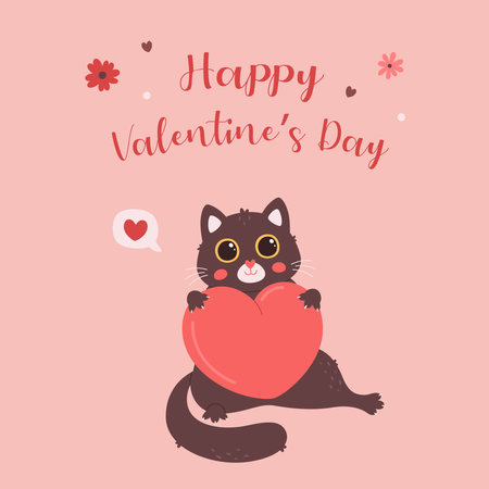 Cute cat character with heart. Valentines Day greeting card. Love, romantic, wedding, Valentines day concept. Vector illustrationのイラスト素材