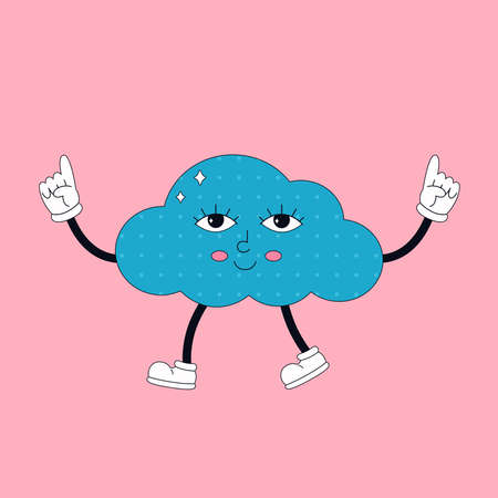 Cute cartoon cloud character in retro style with eyes. Hippie, psychedelic, groove, retro and vintage style. Vector illustrationのイラスト素材