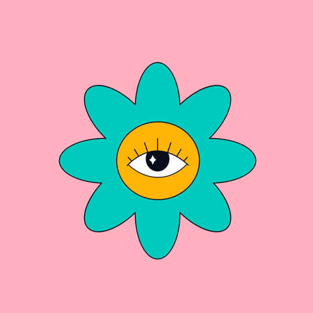 Cute cartoon flower character in retro style. Hippie, psychedelic, groove, retro and vintage style. Vector illustrationのイラスト素材