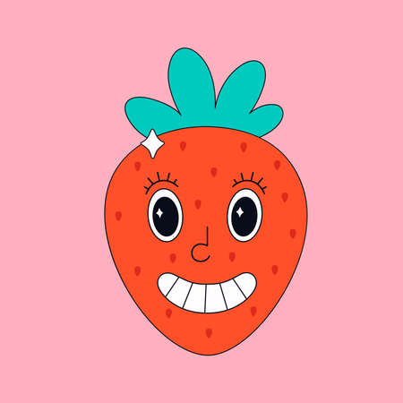 Cute cartoon strawberry character in retro style with eyes. Hippie, psychedelic, groove, retro and vintage style. Vector illustrationのイラスト素材