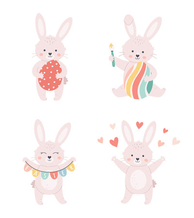 Easter bunnies collection. Bunny with Easter eggs. Happy Easter. Hand drawn vector illustrationのイラスト素材