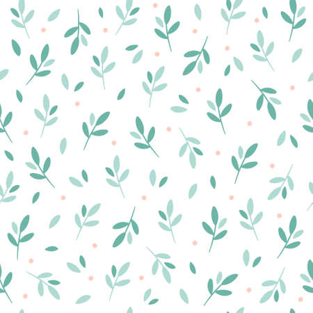 Green branch and leaves seamless pattern. Design for fabric, textile, wrapping paper. Hand drawn vector illustrationのイラスト素材